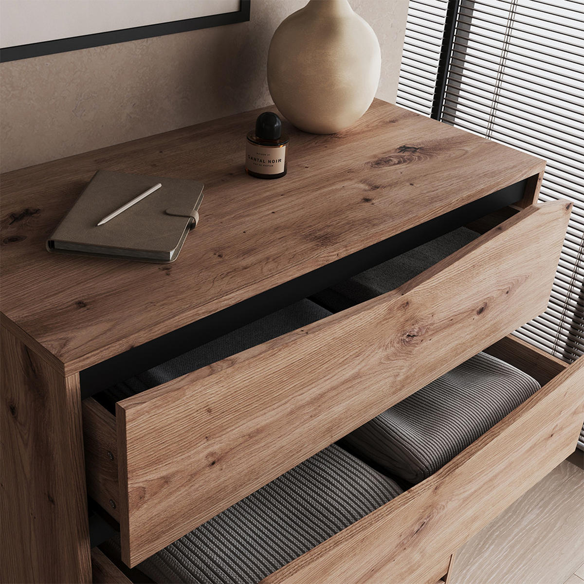 KOMMODE Elvano, Eiche/Schwarz, 79.2 x 120 cm mit 5 Schubladen - Eichefarben/Schwarz, Holzwerkstoff (79.2/120/39.2cm) - Vicco