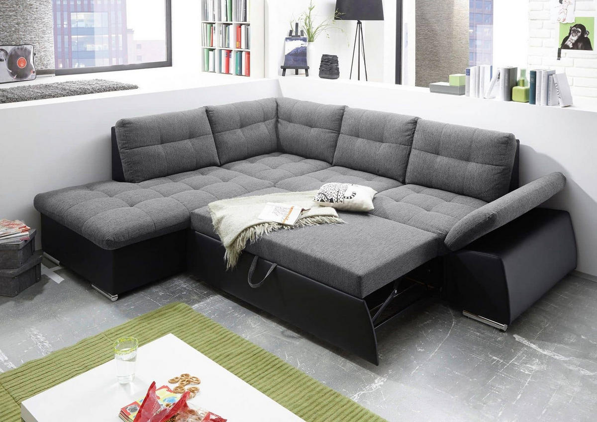 ECKSOFA mit Schlaffunktion, Armlehnfunktion und Kopfstützen - Chromfarben/Grau, Textil (260/219cm) - ed exciting design