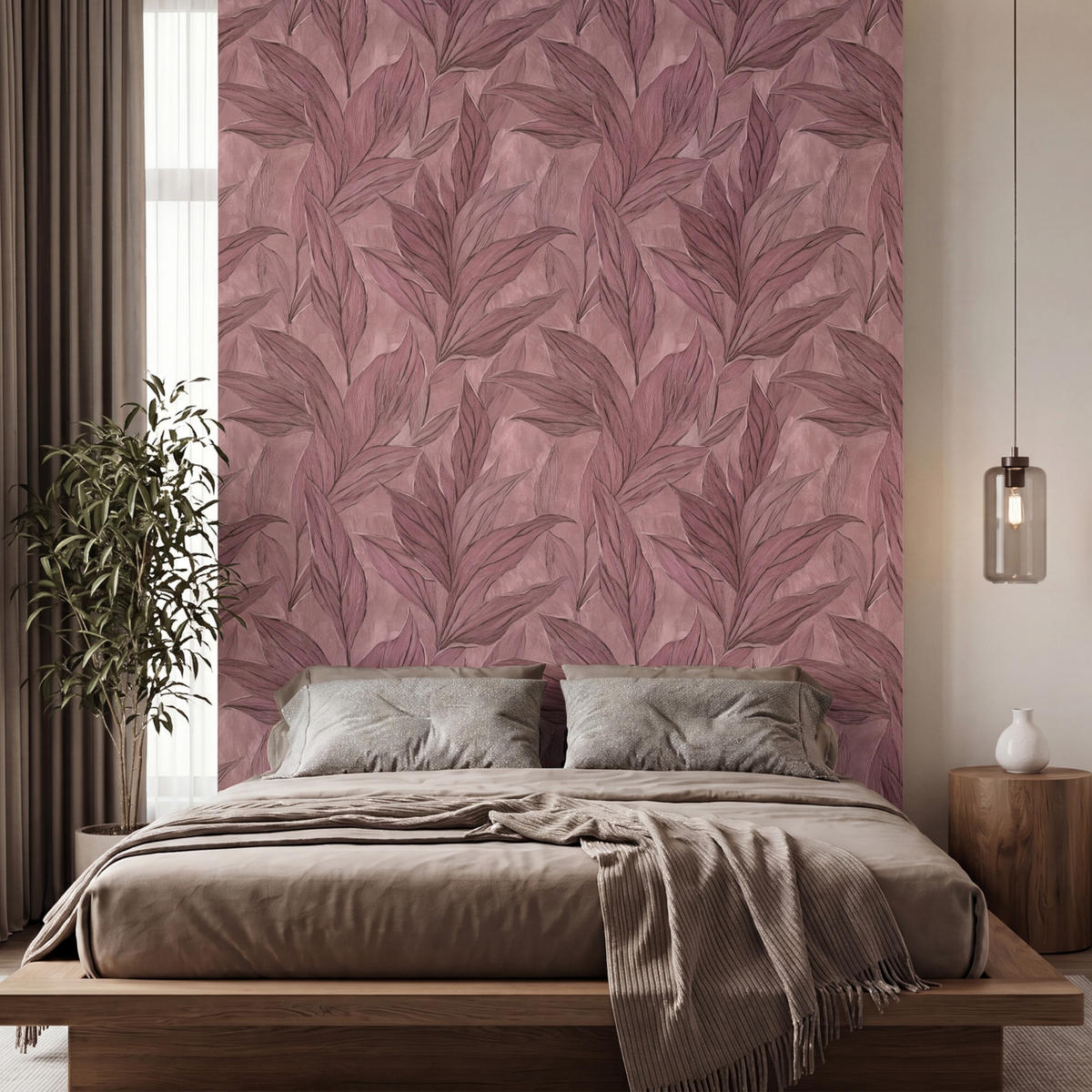 TAPETE - Blätter - Muster - Lila - 200x280 cm - Altrosa, Papier (200/280cm) - OnlyWow