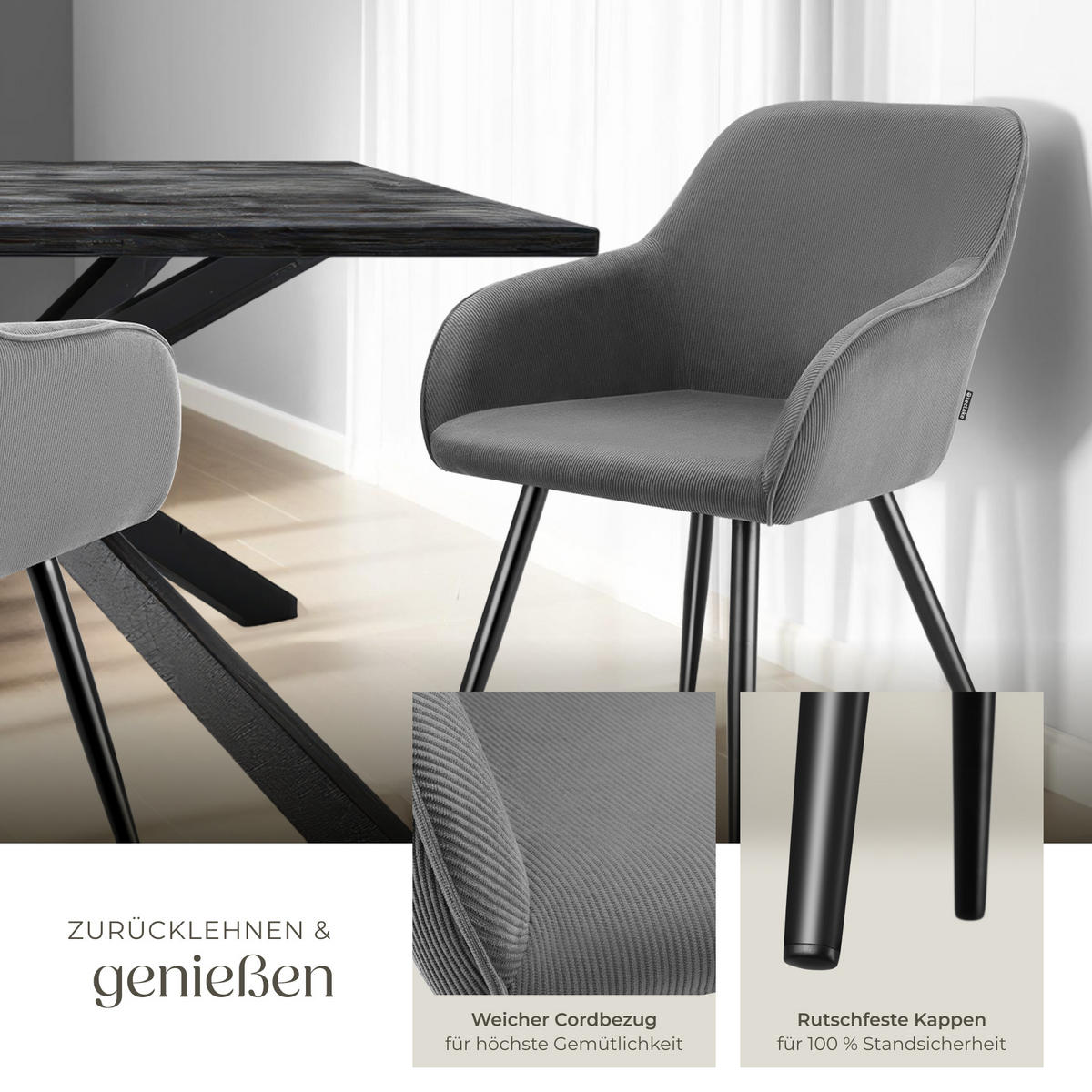 ESSZIMMERSTUHL 4er Set Marilyn 58 x 62 x 82 cm grau/schwarz - Schwarz/Grau, Kunststoff (62/82/58cm) - tectake