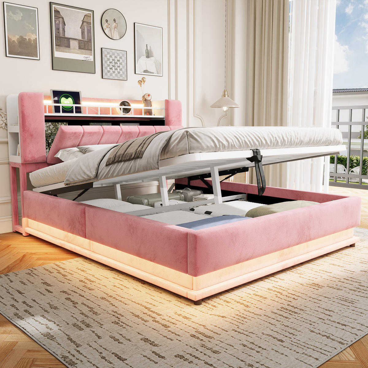 STAURAUMBETT 160/200 cm mit LED, USB und Stauraum, DE-02116, in Rosa - Pink, Metall (160/200cm) - ComfortXL