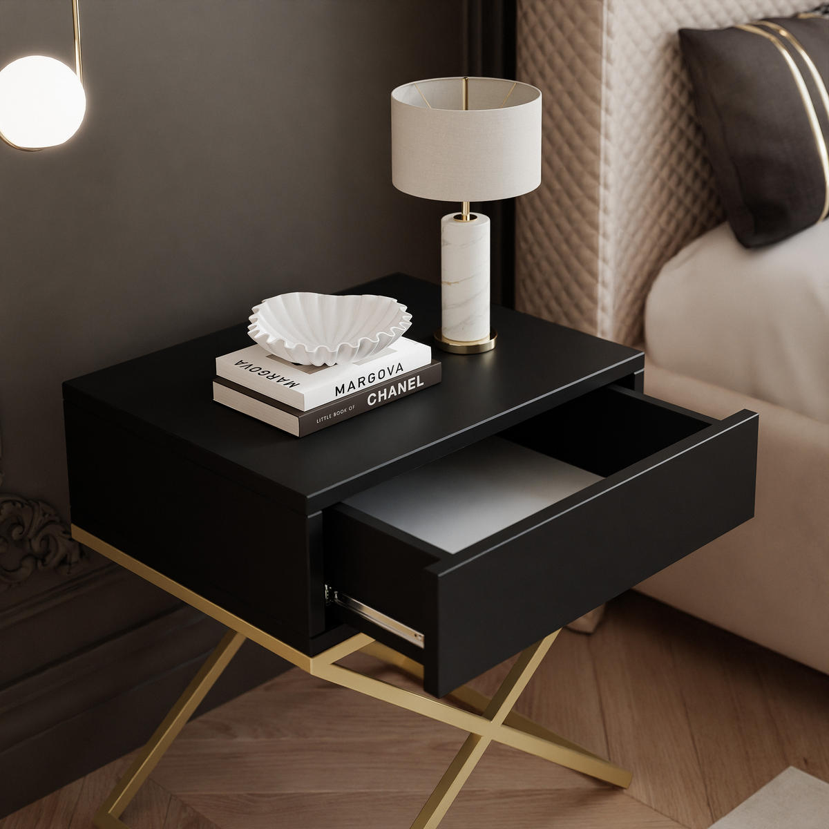 NACHTSCHRANK KSENO mit Schublade, 45/35/50 cm, Goldfarben / Schwarz - Goldfarben/Schwarz, Holzwerkstoff/Metall (45/50/35cm) - Idohome