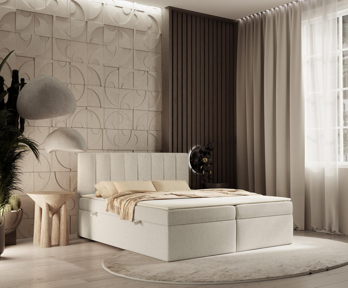 BOXBETT Novento Beige 160/200 cm mit Matratze und Topper - Beige/Schwarz, Holz/Holzwerkstoff (160/200cm) - Maison de Reve