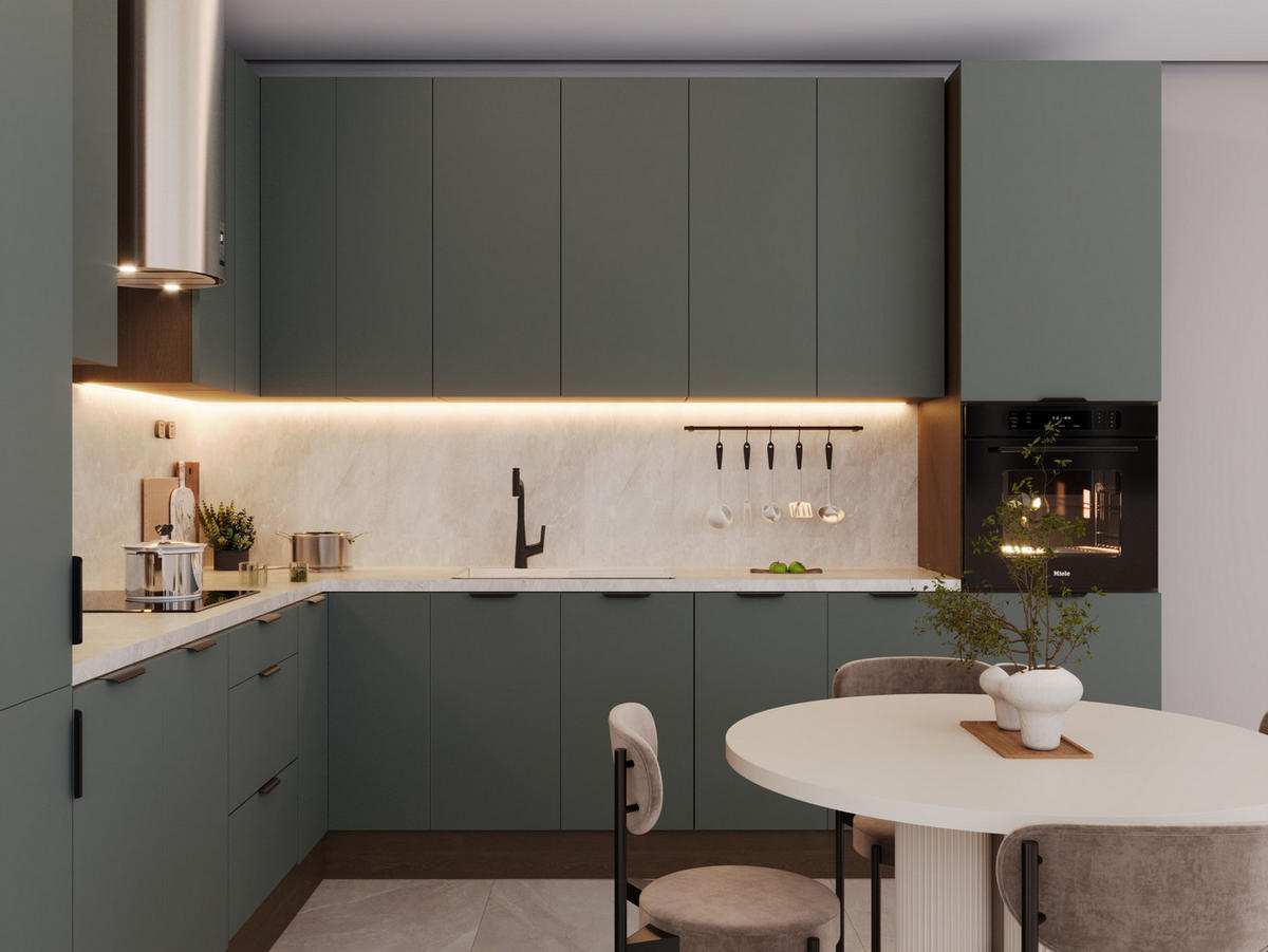 WINKELKÜCHE - 310 x 290 cm Livaro – KU-S34 – Grün / Dunkle Eiche - Dunkelbraun/Grün, Holzwerkstoff (310/247/290cm) - hi-markt