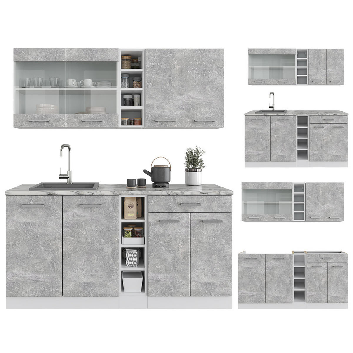 SINGLEKÜCHE R-Line Beton/Weiß 160 cm, AP Eiche - Schieferfarben/Weiß, Holzwerkstoff (160/81.6/60cm) - Vicco