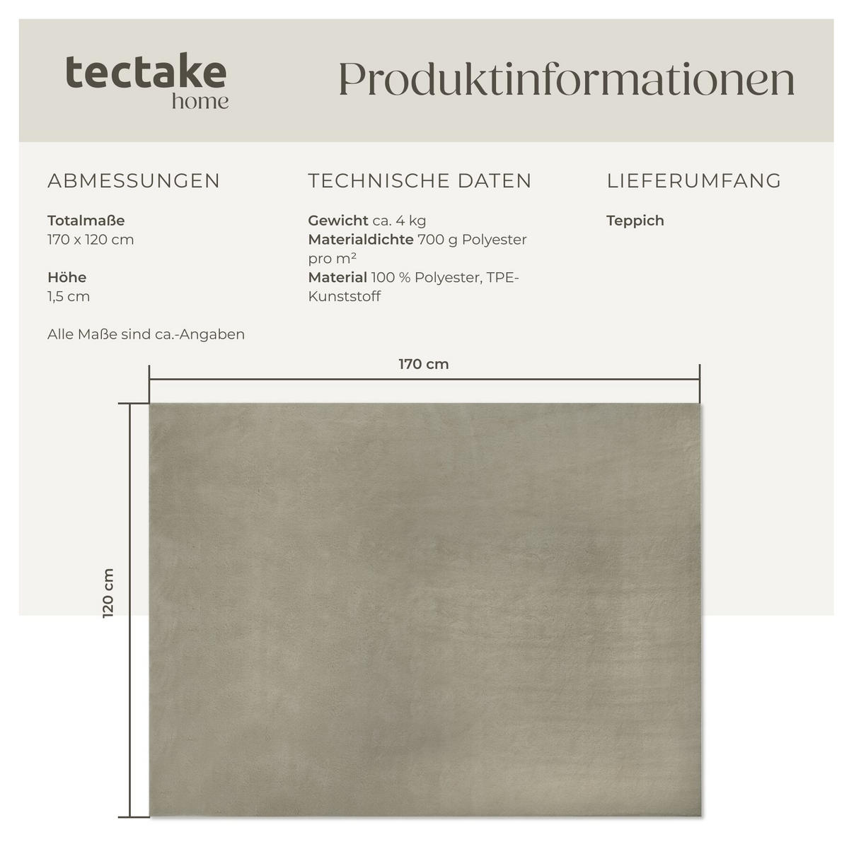 KURZFLORTEPPICH Soft Zone, rutschfeste Unterseite, Sand - Sandfarben, Textil (170/120cm) - tectake