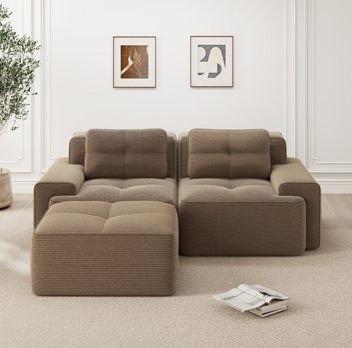 ECKSOFA 204/104/69 cm braun aus Cord mit Tiefsitz, Ottomane und boneless Design - Braun, Textil (177/204cm) - OKWISH