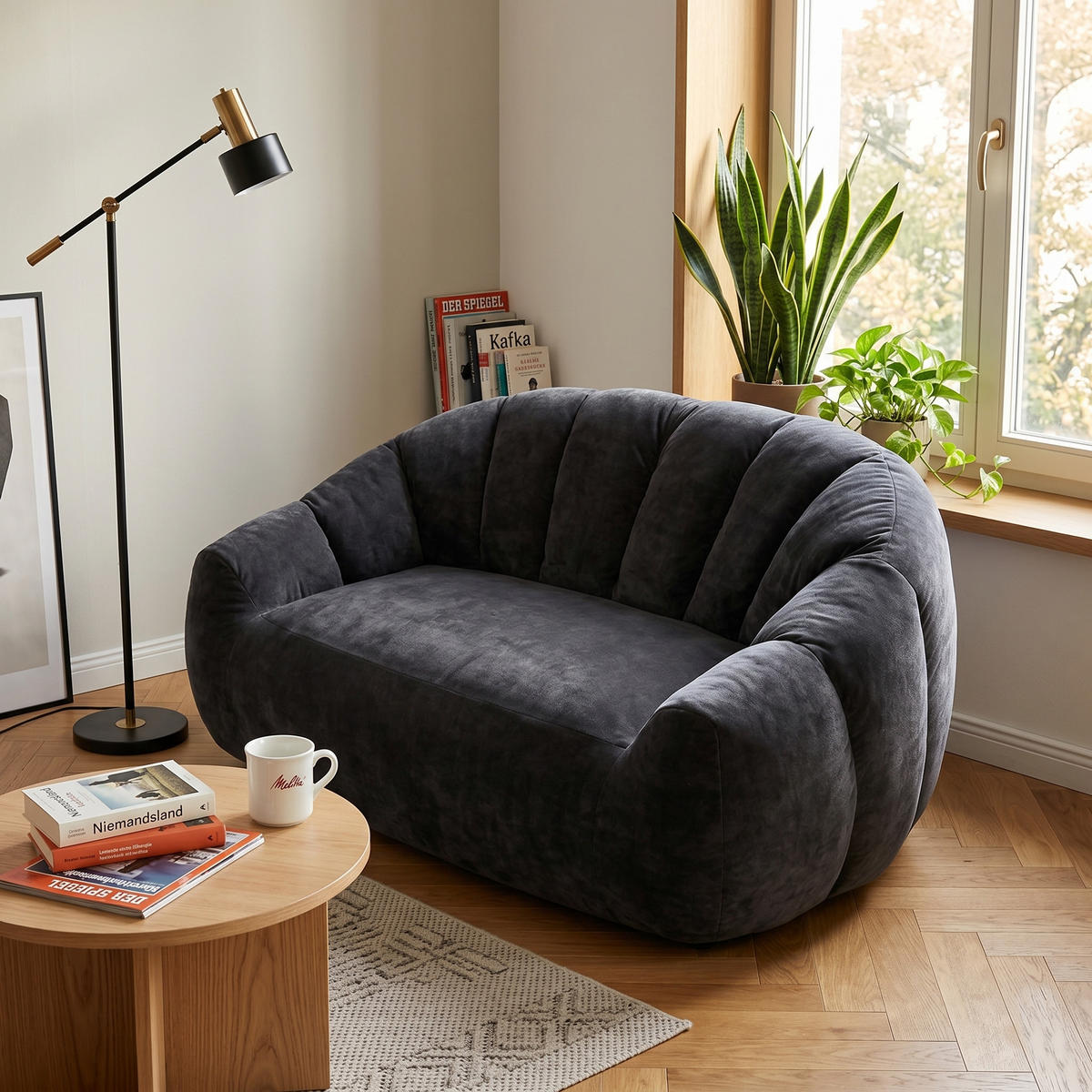 2-SITZER SOFA aus Flanell mit skulpturaler Wellen-Rückenlehne - Schwarz, Textil (140/61/98cm) - Urban Meuble