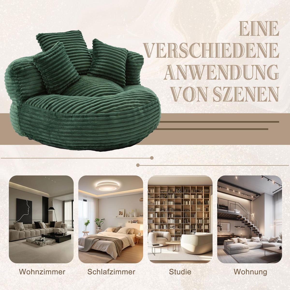 SITZSACK in Chenille mit 3 Kissen - Grün, Textil (108/52/108cm) - Urban Meuble