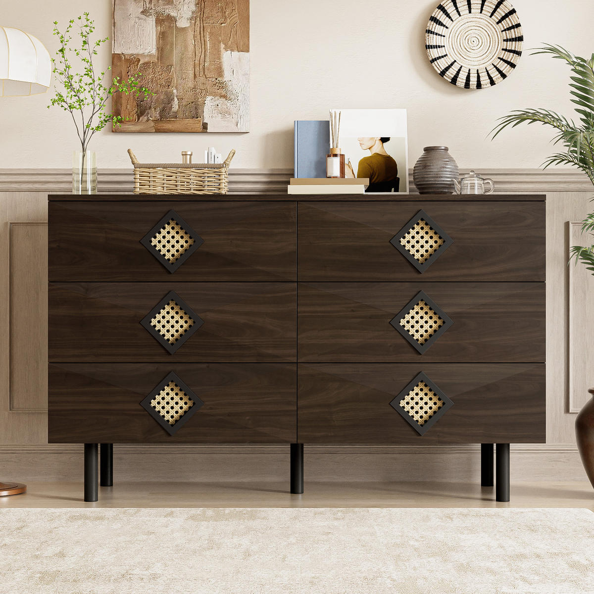 SIDEBOARD 6 Schubladen Rattan-Griff für Schlafzimmer & Wohnzimmer - Walnussfarben, Holzwerkstoff (40/74/120cm) - FLIEKS