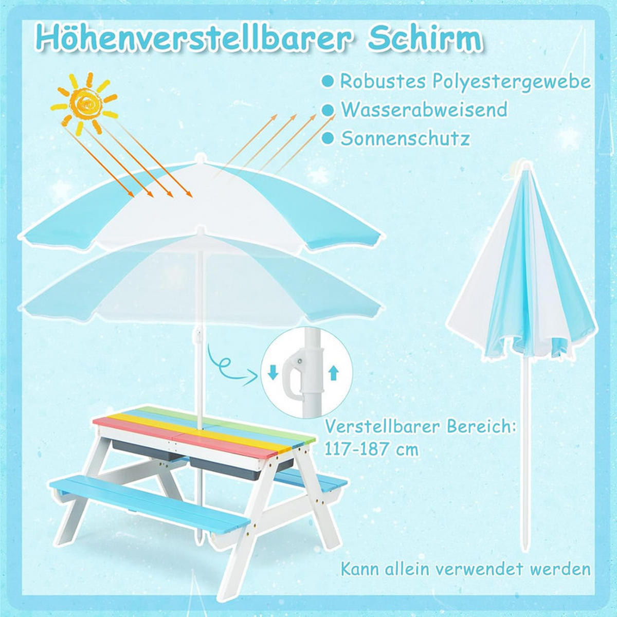 KINDERTISCH mit Sonnenschirm blau - Blau, Holz - COSTWAY