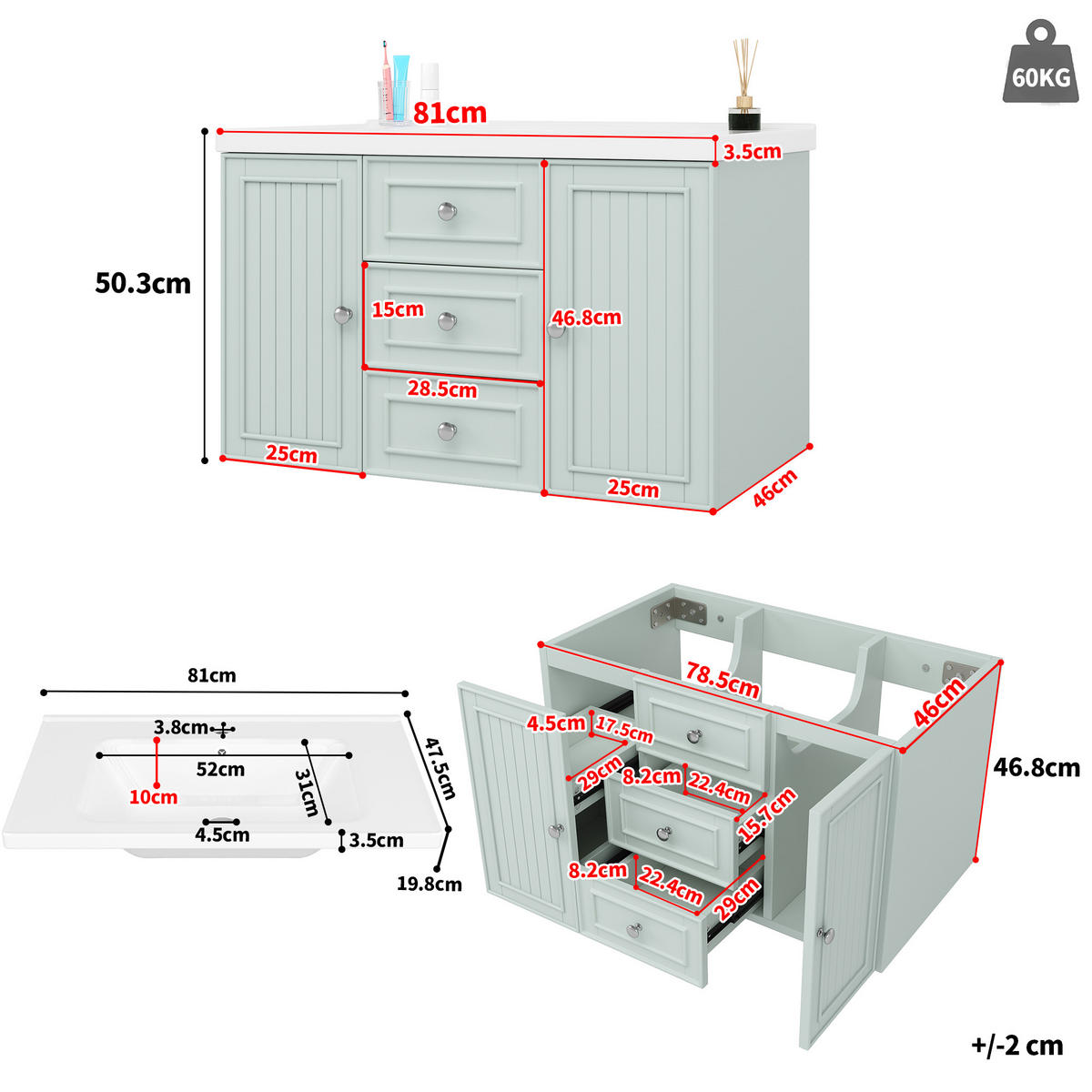 WASCHTISCH 78.5x46x46.8cm Grün Mit 3 Schubladen & Waschbecken - Grün, Holzwerkstoff (46/46.8/78.5cm) - FLIEKS