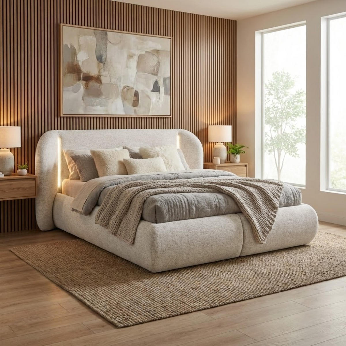 POLSTERBETT Corfu mit LED-Beleuchtung, mit Bettkasten, rundliche Formen, 140x200, Beige - Beige, Textil/Metall (140/200cm) - Beautysofa