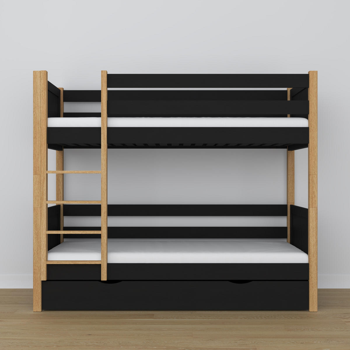 ETAGENBETT N02 mit Schublade Schwarz / Eiche Natur 80/180 - Schwarz/Eiche Artisan, Naturmaterialien/Holz (80/180cm) - N-Wood