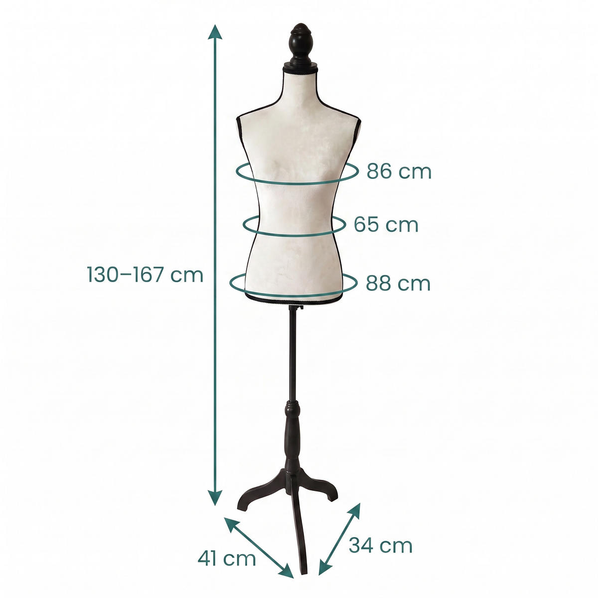 SKRÄDDARDOCKA vit storlek 36 till 38 höjdjusterbar - Vit, Trä/Textil (41/167/34cm) - Relaxdays