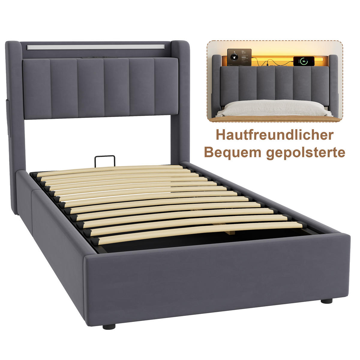 POLSTERBETT 90/200 cm in Dunkelgrau Samt mit Bettkasten und gepolstertes Kopfteil - Dunkelgrau/Schwarz, Holzwerkstoff/Textil (90/200cm) - CHICFURN