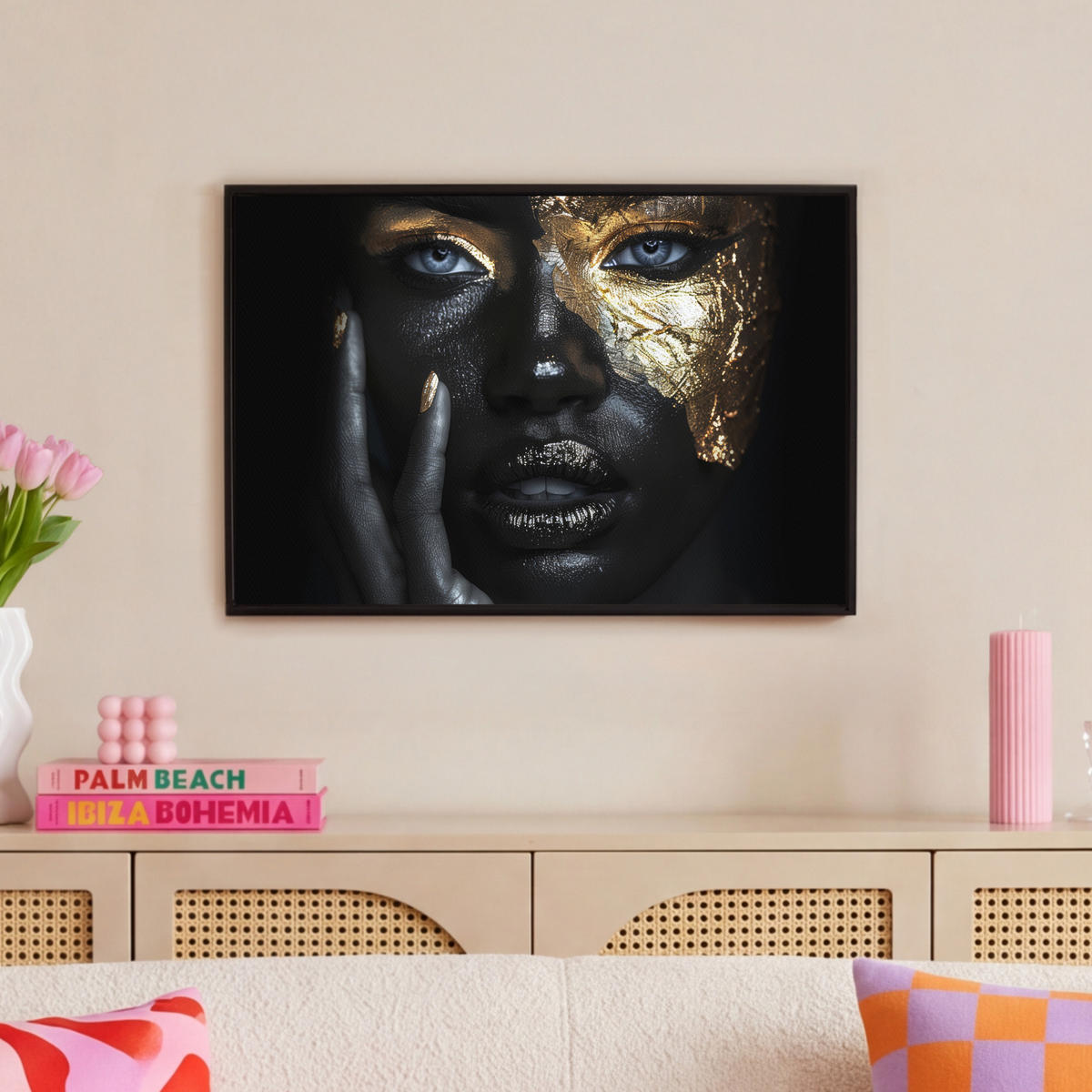 LEINWAND Bilder mit Rahmen - Frau - Gold - Porträt - Schwarz-Weiß - Luxus - 60x40 - Hellblau, Textil (60/40cm) - MuchoWow