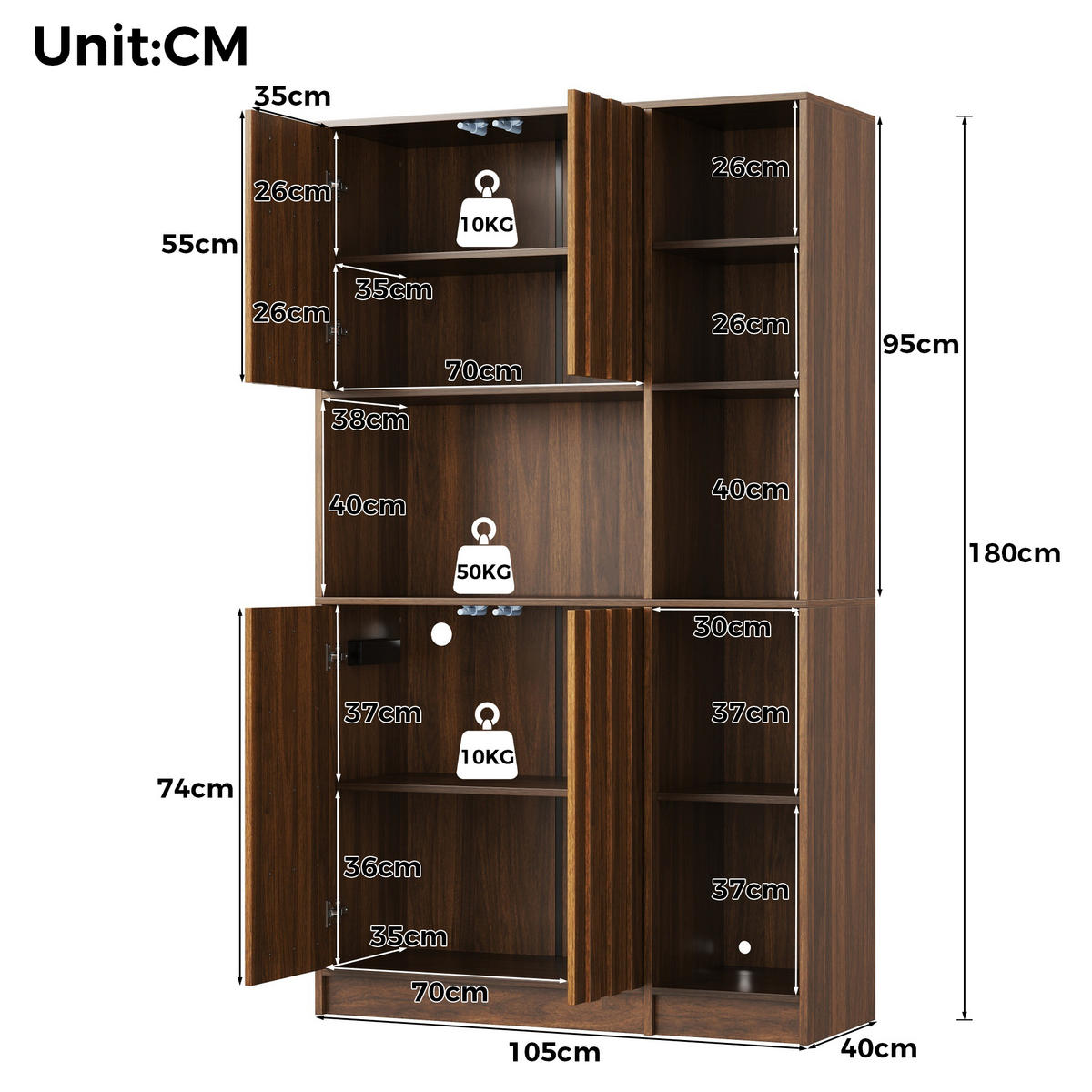 HIGHBOARD DE-38703 105/40/180 cm LED-Beleuchtung und Steckdose Walnuss - Walnussfarben, Holzwerkstoff (105/180/40cm) - ComfortXL