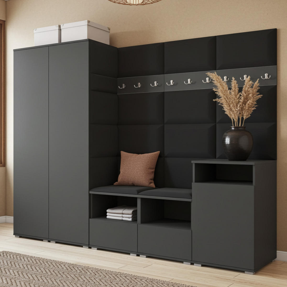 GARDEROBE NELA VIII 250 cm (Modulare Flurmöbel Graphit mit Sitzpolster Schwarz 16 2 Schränke + Sideboard) - Silberfarben/Schwarz, Holz/Holzwerkstoff (250/187/40cm) - Ravio