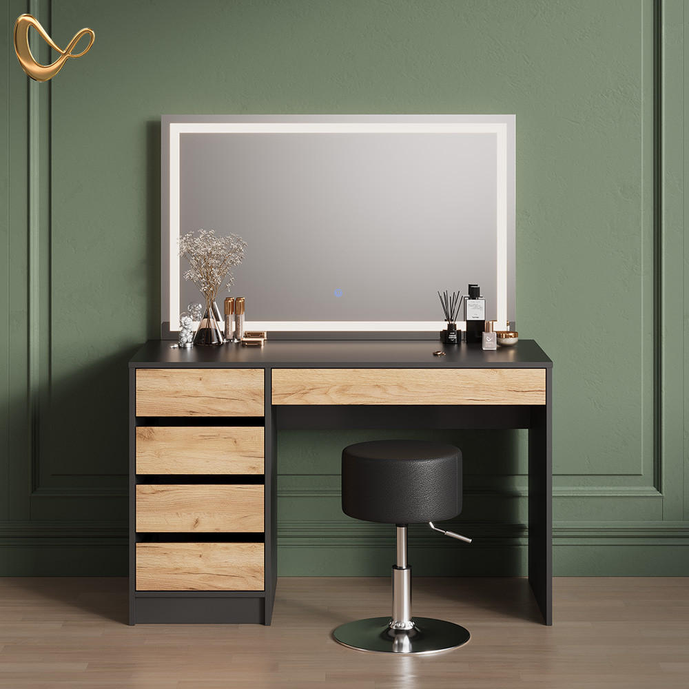 SCHMINKTISCH Imola Anthrazit/Goldkraft Eiche mit LED-Spiegel und Hocker - Honigeiche/Anthrazit, Holzwerkstoff (120/75/55cm) - Livinity®