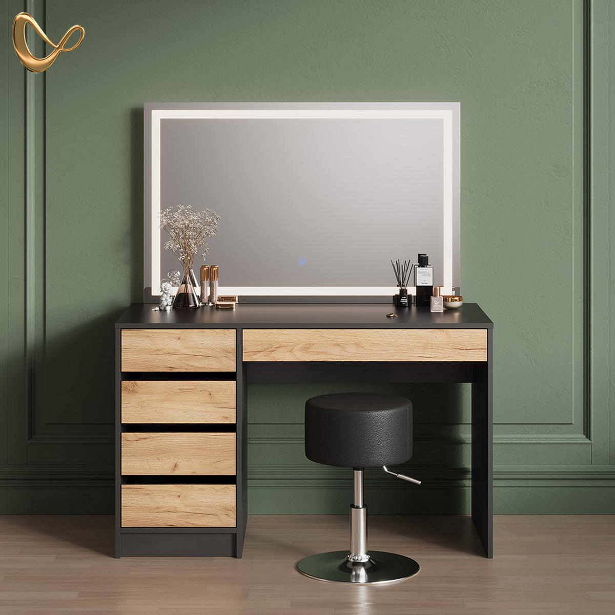 SCHMINKTISCH Imola Anthrazit/Goldkraft Eiche mit LED-Spiegel und Hocker - Anthrazit/Eiche Wotan, Holzwerkstoff (120/75/55cm) - Livinity®