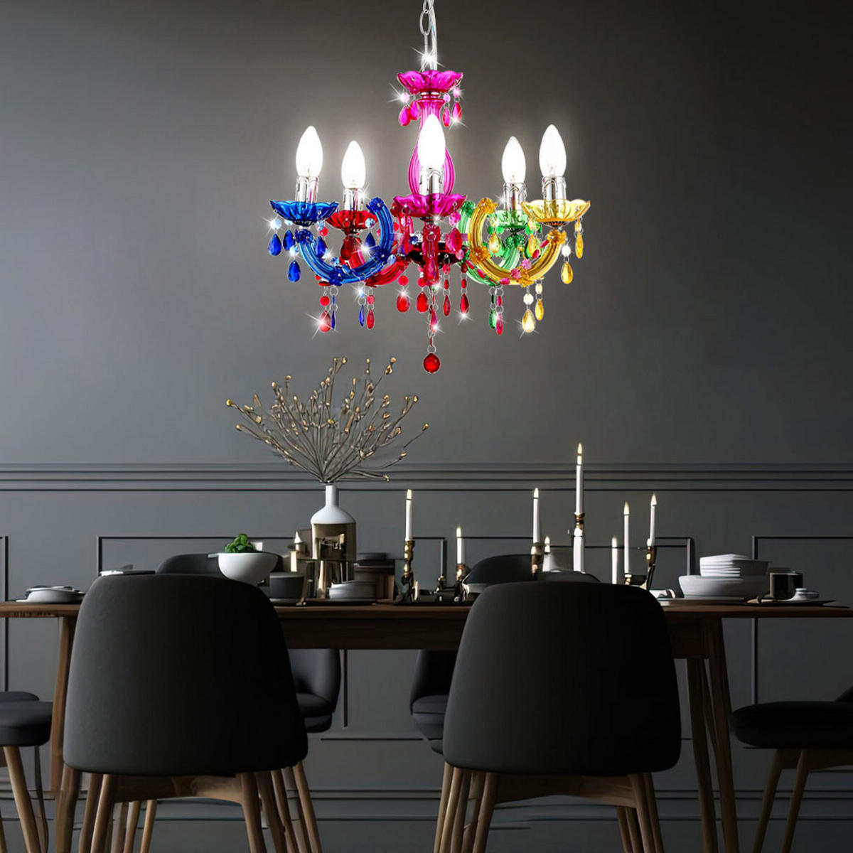 KRONLEUCHTER Kristalle Bunt 5-flammig - Multicolor, Metall (44/44/128cm) - Globo Lighting