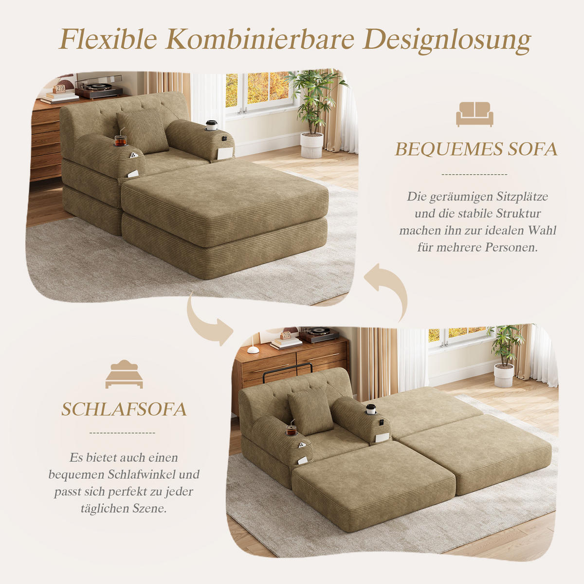 SCHLAFSOFA mit Hocker und Liegefunktion aus Cord Khaki - Taupe, Textil (191/60/162cm) - EVRYAE