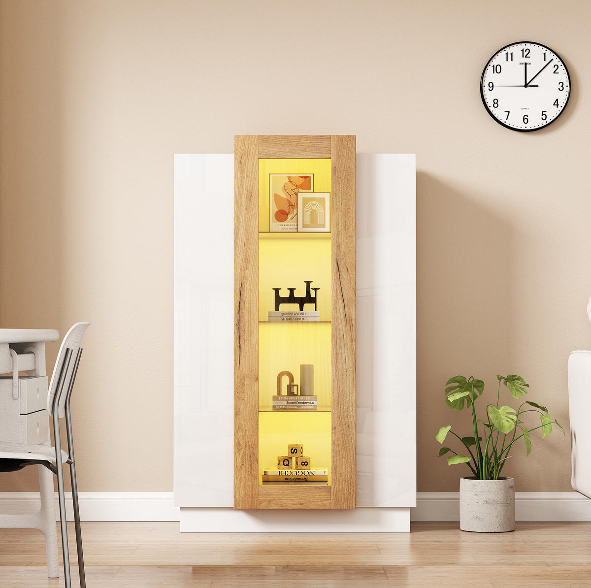STANDVITRINE 74/40/120 cm weiß/natur aus Spanplatte mit LED - Weiß, Holzwerkstoff (74/120/40cm) - OKWISH
