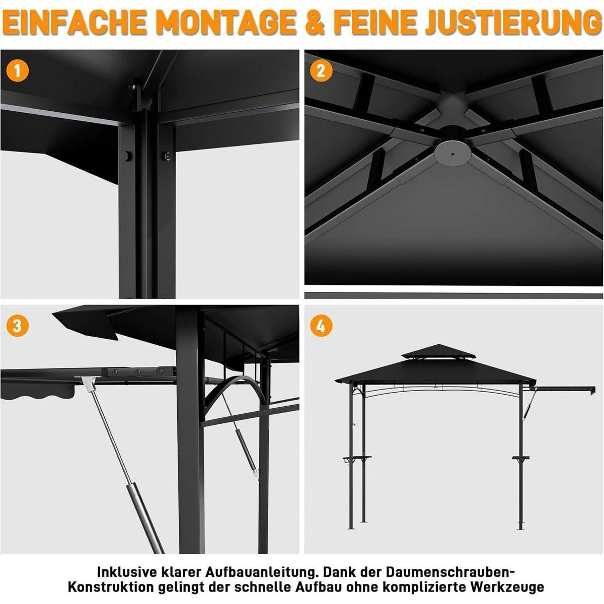 GRILLPAVILLON mit Seitenmarkise und Ablagen Schwarz - Schwarz, Metall (123/253/201cm)