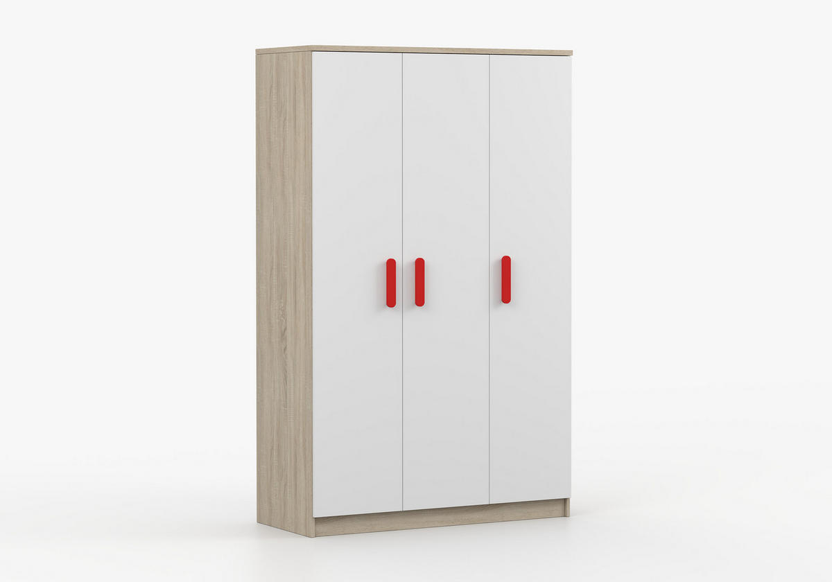 JUGENDZIMMER Elora in Eiche und Weiß – 6-teiliges Set – Grifffarbe Rot - Braun, Holzwerkstoff (80/200/120cm)