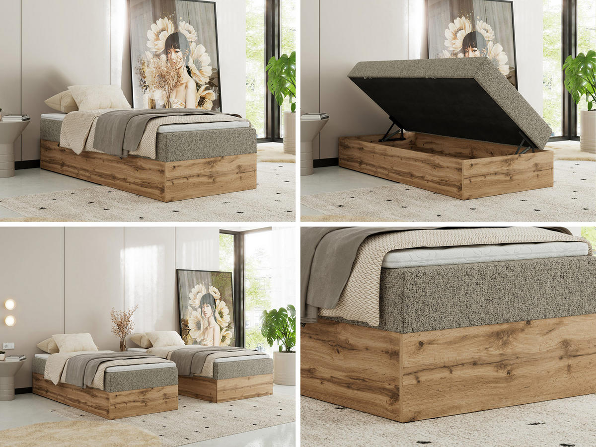 BOXBETT WOOD ZERO 90/200 - Dunkelbeige Struktur - H4 - Topper Visco - Cappuccino, Textil (90/200cm) - MKS