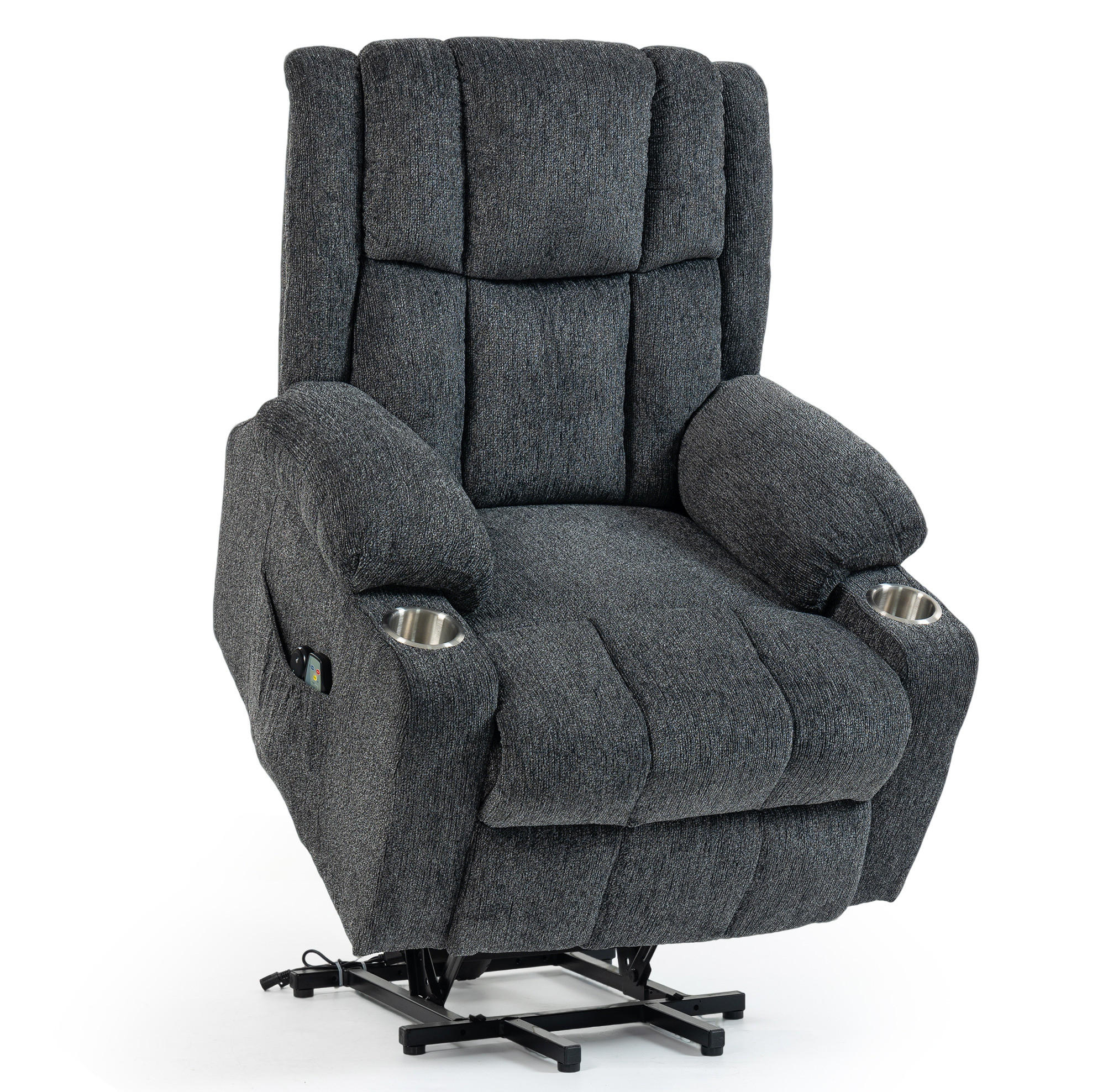 POLOHOVACÍ křeslo tmavě šedé ze sametu s elektrickým vstáváním, masáží, ohřevem a podnožkou - tmavě šedá, textil (84/106/91cm) - OKWISH