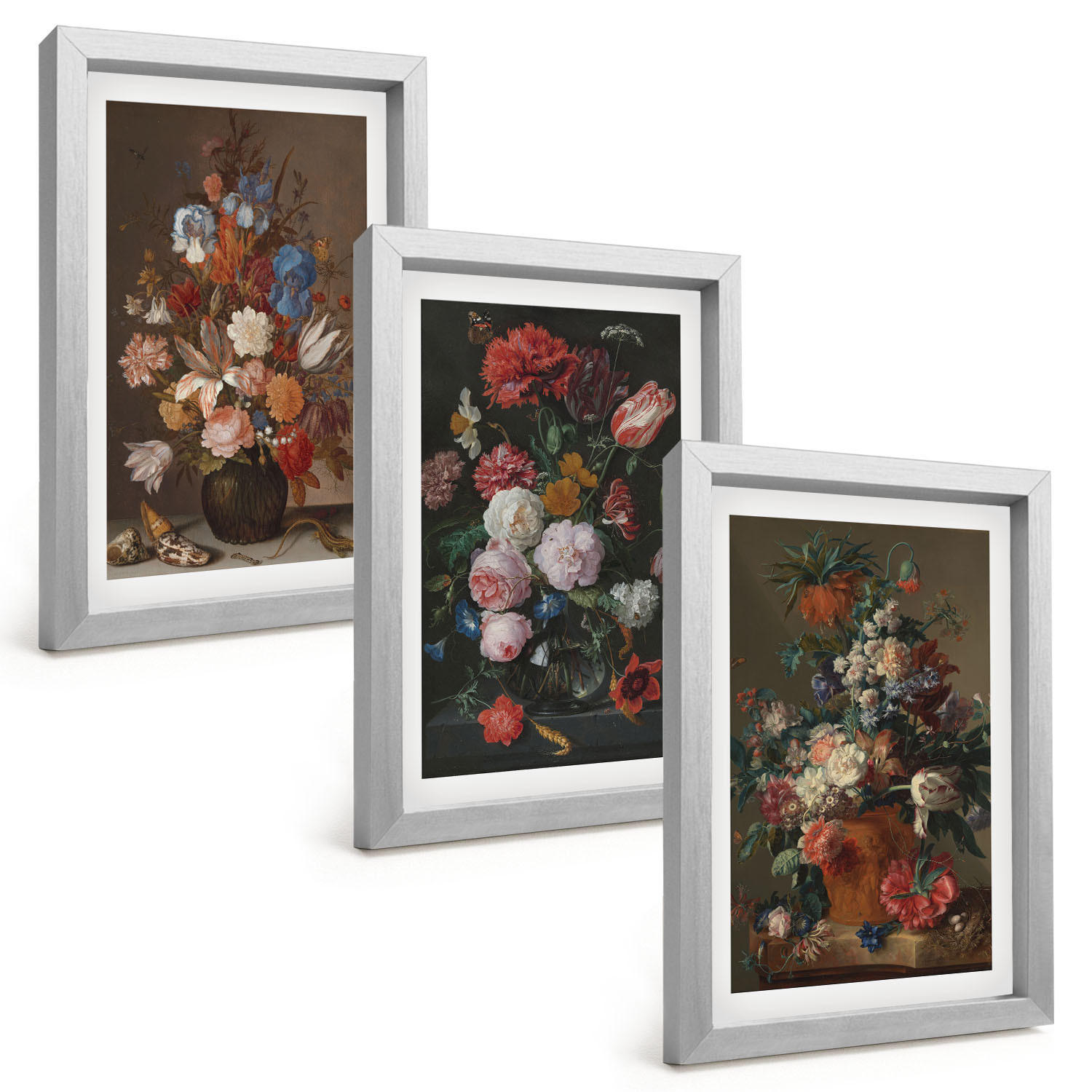 BILDER SET 3er Set - 20x30 cm Silberner Rahmen - Blumenarrangements in Vasen - Silberfarben, Kunststoff (20/30cm) - TULUP
