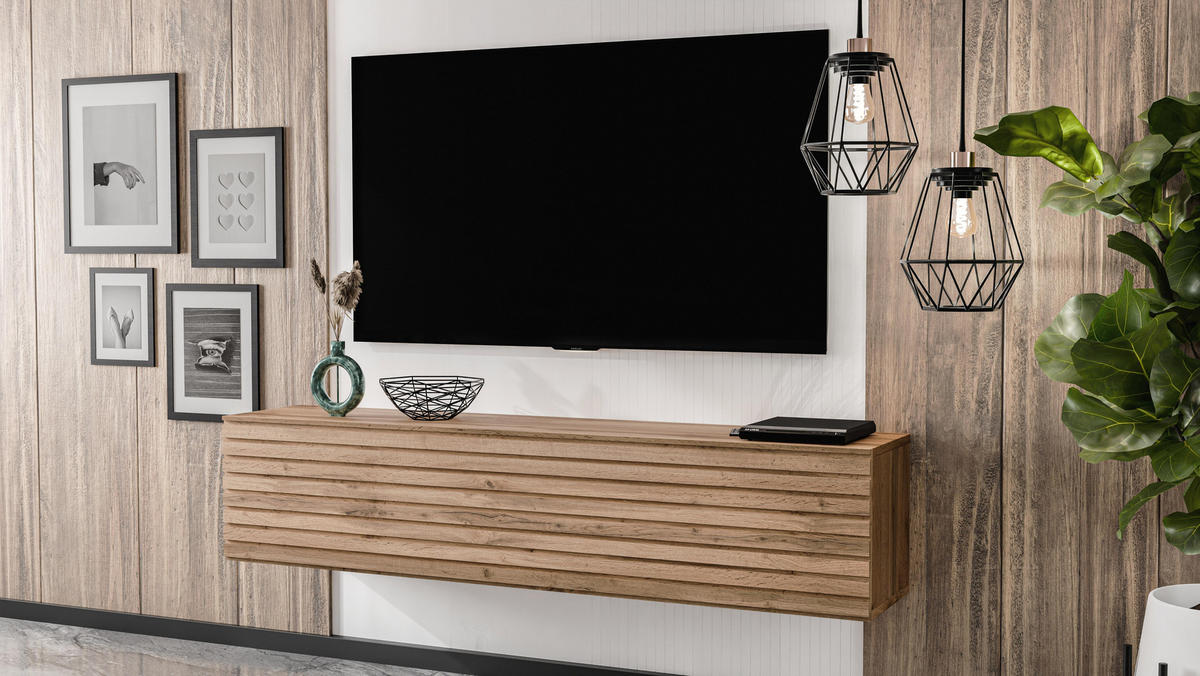 LOWBOARD ZIVOLLI 160 Wotan, Wotan Lamellen 160/34/40 cm – TV-Hängeschrank mit Lamellenfront - Hellbraun, Holzwerkstoff/Kunststoff (160/34/40cm) - AX Living