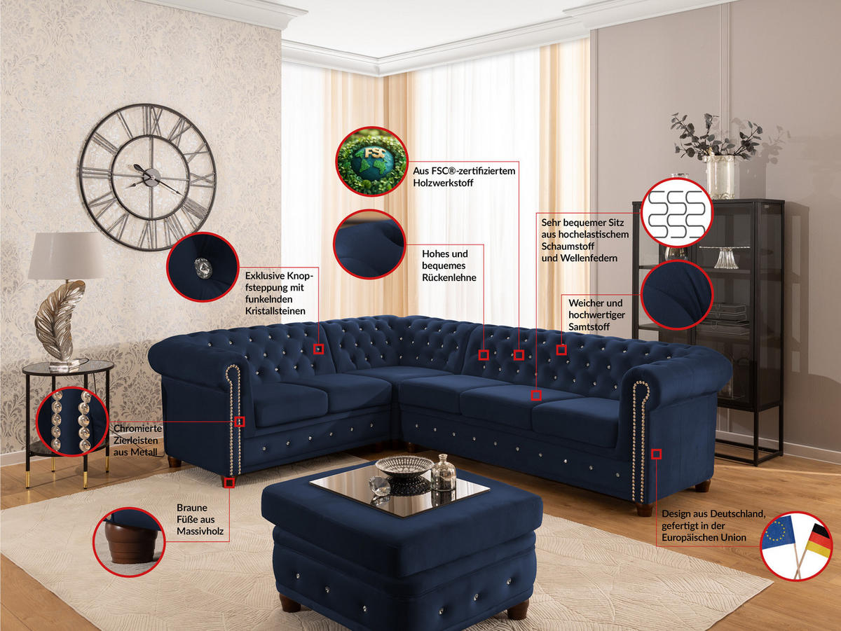 ECKSOFA Chesterfield Cleo Blink Marineblau Samt mit Kristallsteppung und braunen Massivholzfüßen - Ottomane Links - Blau/Braun, Holz/Textil (264/210cm) - S-Style Möbel