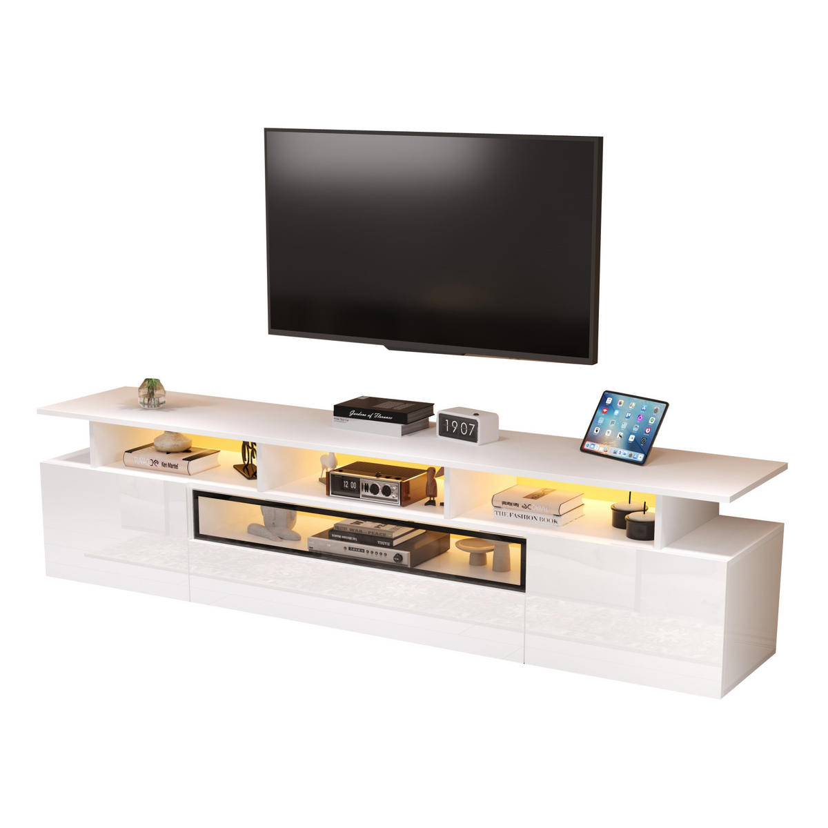 TV-LOWBOARD 180/38/45 cm mit LED-Beleuchtung, 2 Türen, 1 Schublade und Hochglanzfront, Weiß - Weiß, Holzwerkstoff (180/45/38cm) - Redom