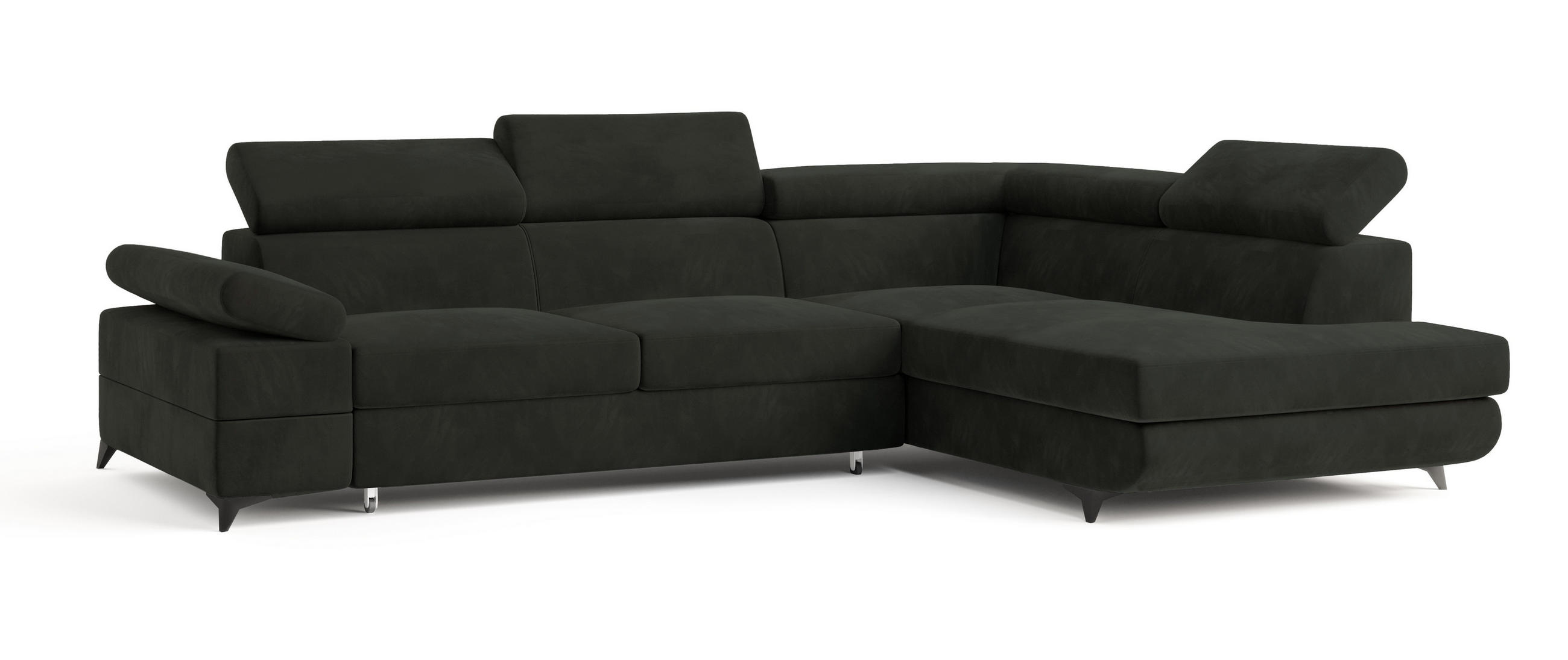ECKSOFA FAVIEN R-S Schwarz Velours-Stoff mit Schlaffunktion - Schwarz, Holz (257/190cm) - MASSENO