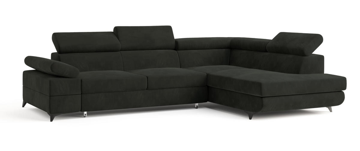 ECKSOFA FAVIEN R-S Schwarz Velours-Stoff mit Schlaffunktion - Schwarz, Holz (257/190cm) - MASSENO