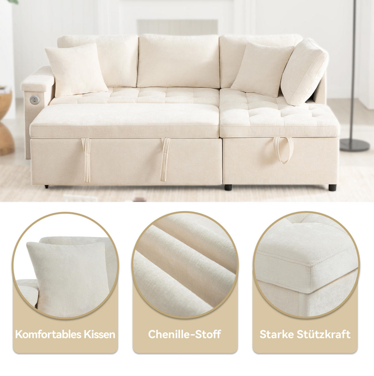 ECKSOFA rechts mit Schlaffunktion, Chenille & Stauraum, 209/130/84 cm, Beige - Beige, Textil (130/209cm) - Redom