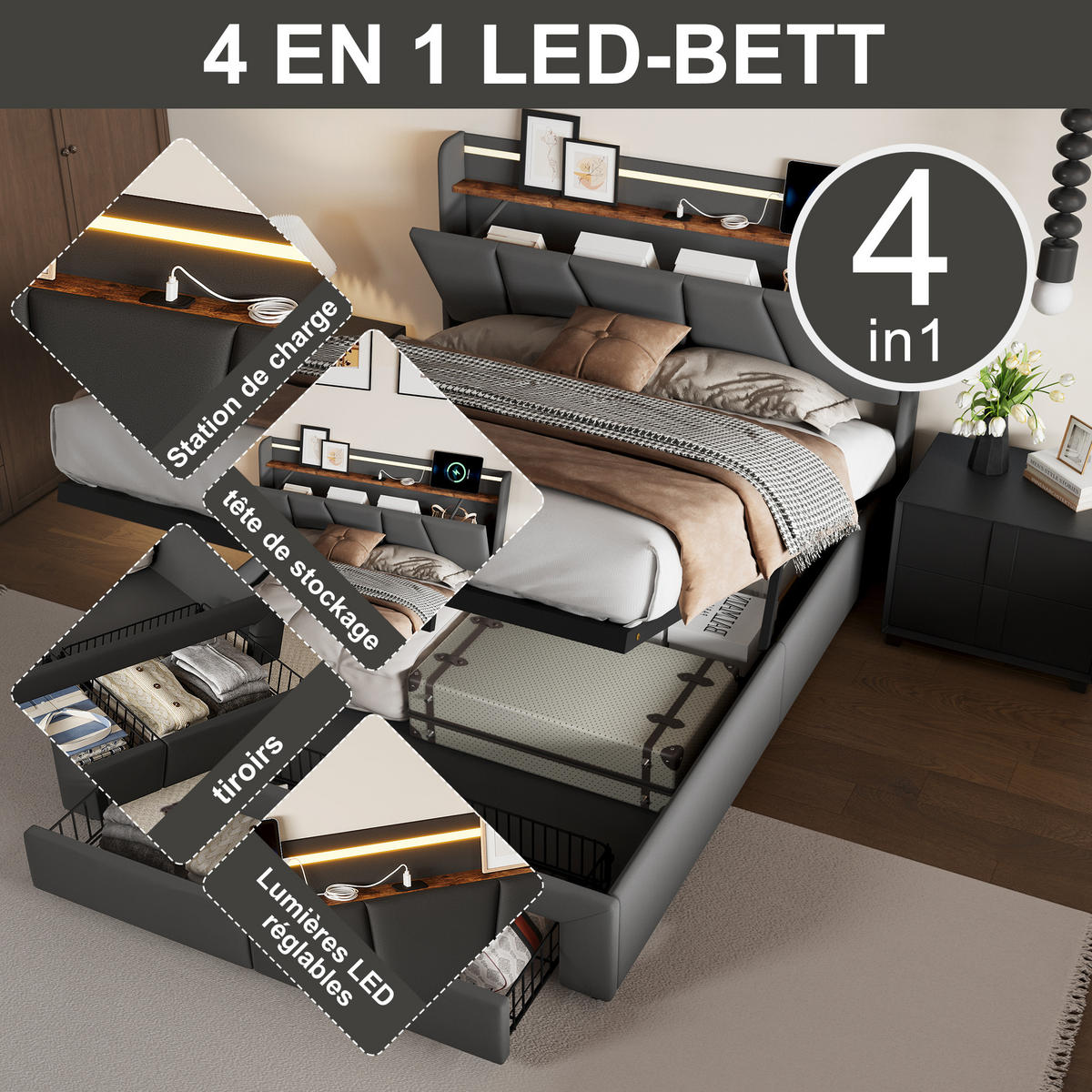 POLSTERBETT 140x200 cm LED USB Stauraum Lattenrost dunkelgrau - Grau, Holz (140/200cm) - LEBENLANG