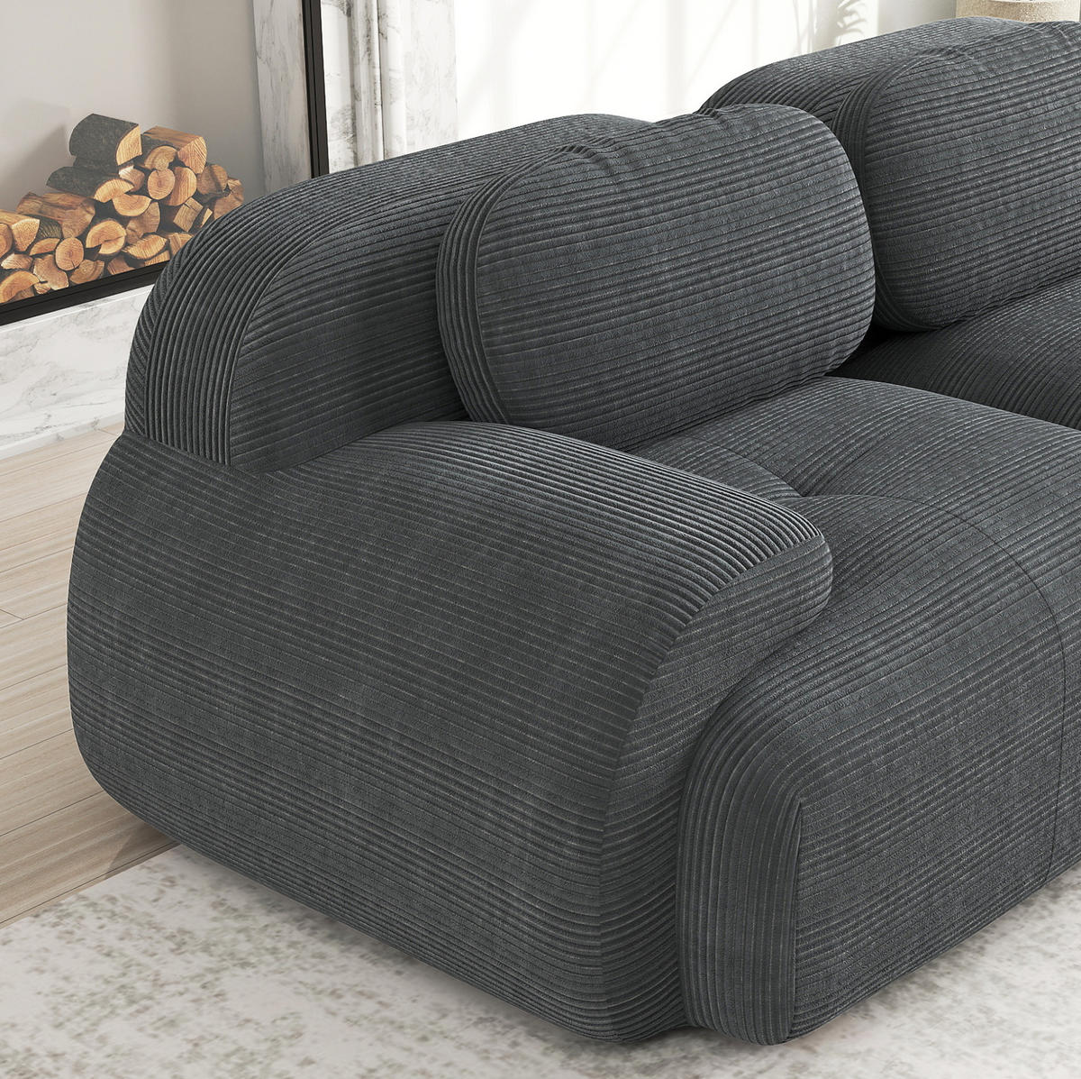 SOFA 208/103/70 cm in Grau aus Cord mit modularer Form und rutschfester Unterseite - Grau, Textil (103/70/208cm) - Flora Grace