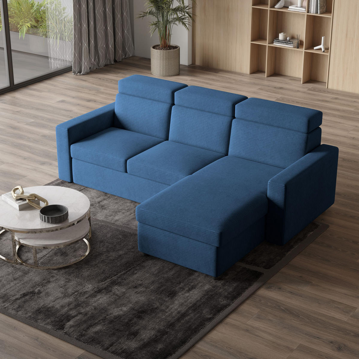 ECKSOFA PADWA Blau Kordstoff mit Schlaffunktion - Blau, Holz (227/168cm) - MASSENO