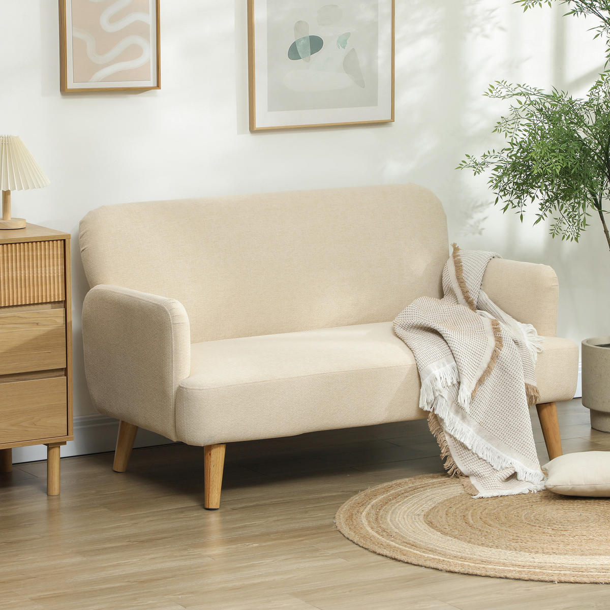 SOFA, 2-Sitzer, Samtoptik, dicke Polsterung, cremeweiß, 140x74x79cm - Multicolor, Holzwerkstoff (140/79/74cm) - FORIOUS