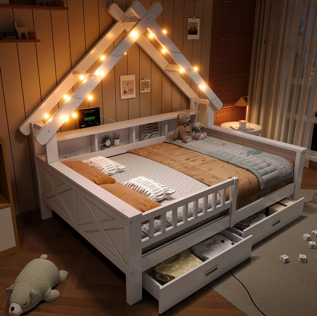 HAUSBETT 140/200 cm Weiß mit LED und Stauraum - Weiß, Holz (140/200cm) - MIVRAY