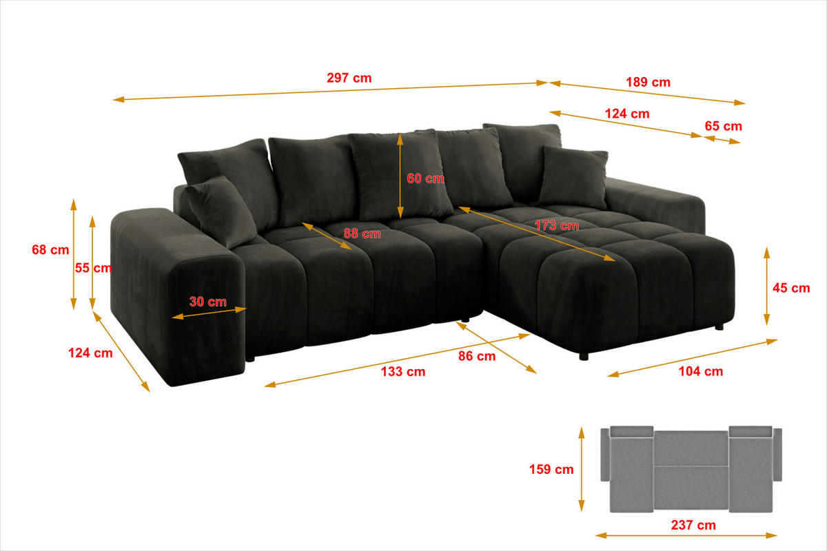 ECKSOFA Ottomane rechts ENIL-L 297x189x68 Schwarz Velours - Schwarz, Holzwerkstoff/Kunststoff (189/297cm) - ALTDECOR