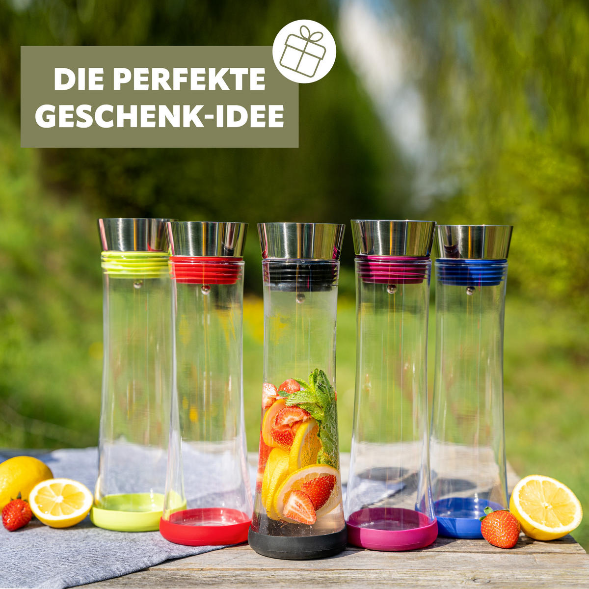 GLASKARAFFE 1 Liter CAROLA, rot, Edelstahl, Silikon - Rot, Glas (1L) - bremermann
