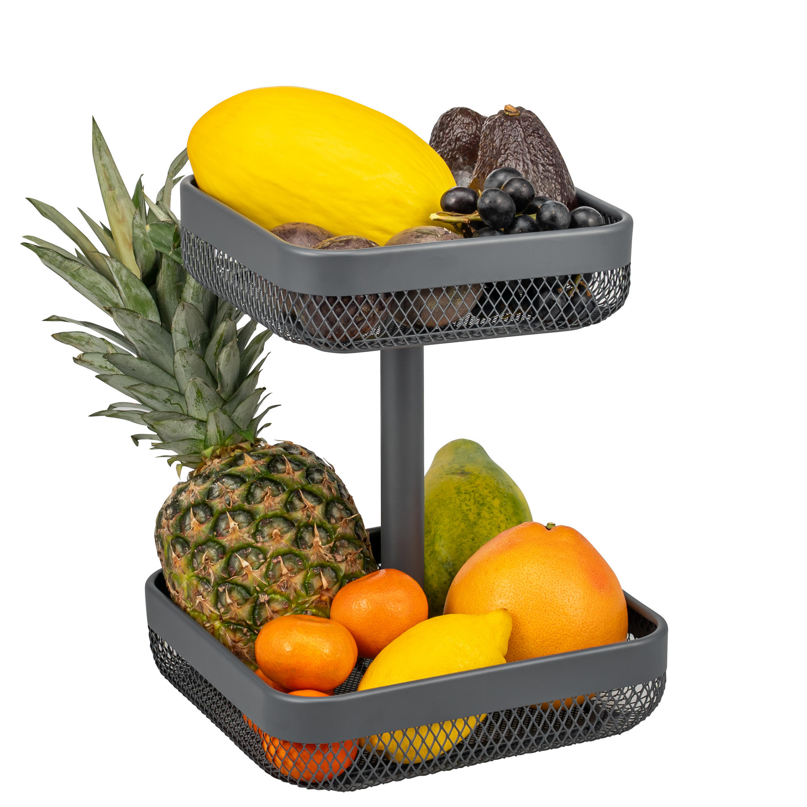 OBSTETAGERE, eckig, 2-stöckig, Ø 20 cm und 25 cm, grau, Metall - Grau, Metall (30cm) - eluno