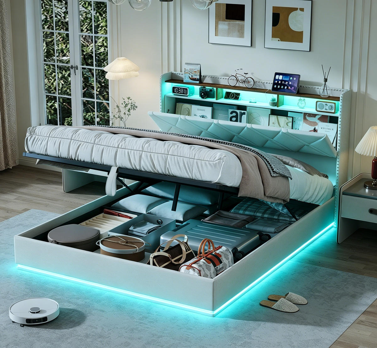 POLSTERBETT 140/200 cm Jugendbett Beige mit verstellbarer LED-Beleuchtung & USB - Beige, Holz/Textil (140/200cm) - PARAFTA HOME