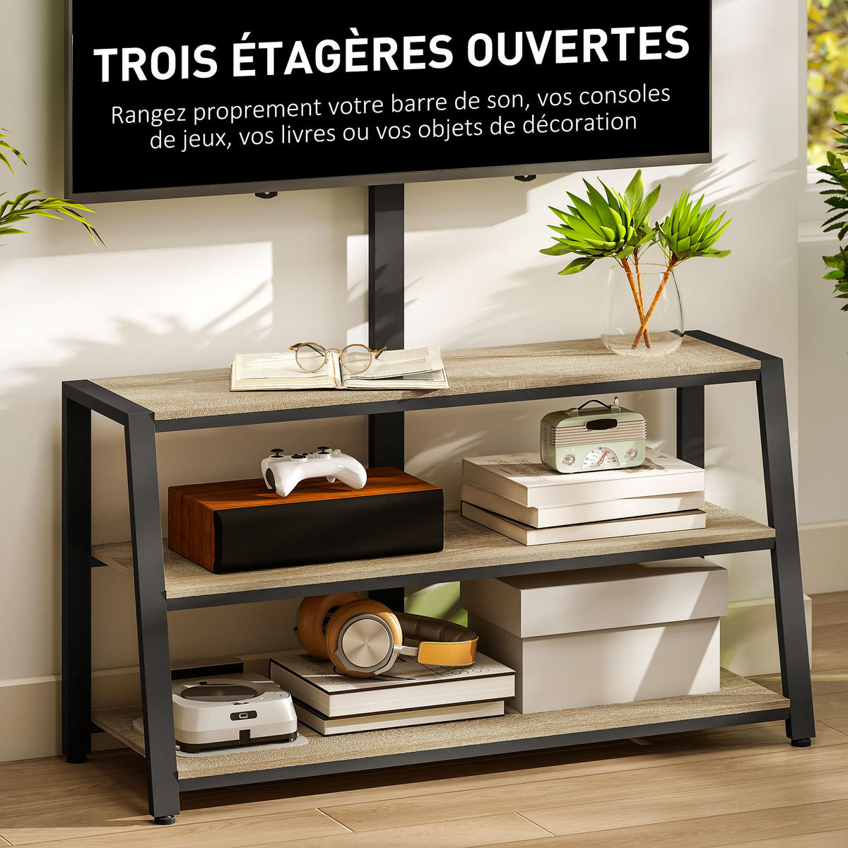 TV-SCHRANK Natur/Schwarz 108/41/135 cm, Schwenkbare Halterung, Offene Fächer, Holzoptik - Naturfarben, Holzwerkstoff (108/135/41cm) - PANGIVO