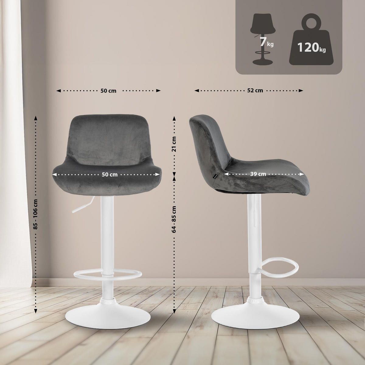 BARHOCKER Samt dunkelgrau - Dunkelgrau/Weiß, Textil/Metall (50/85/50cm) - CLP